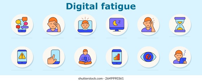 Ícone do conjunto de fadiga digital. Mostra mensagens de telefone, fricção ocular, tensão no laptop, tela de sono, dor de cabeça, ampulheta, telefone de alerta, gesto de toque, pessoa sentada, gráfico de barras, estresse ocular, sonolência