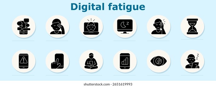 Ícone do conjunto de fadiga digital. Mostra sobrecarga de bate-papo, tensão ocular, alerta de tela, tela noturna, cefaleia, ampulheta, alerta móvel, tela de toque, ao lado do dispositivo, barra de dados, dano ocular, sonolência