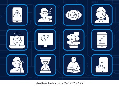 Digital fatigue set icon. Smartphone alert, tablet drowsiness, eye pain, tired eyes, laptop fatigue, night screen, mobile messages, app usage, screen headache, waiting time, meditation with device