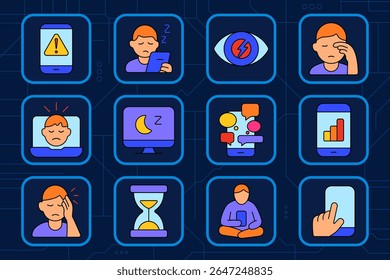 Digital fatigue set icon. Smartphone alert, tired person, eye strain, headache, screen overload, social pressure, insomnia, night mode, data screen, hourglass, long usage, sitting with phone.