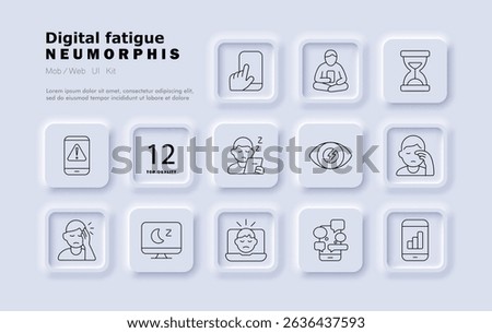 Digital fatigue set icon. Smartphone alert, screen touch, reading pose, hourglass, eye strain, drowsiness, social overload, night work, tiredness, communication stress.