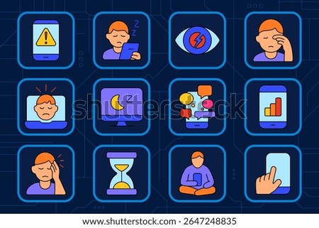 Digital fatigue set icon. Smartphone alert, tired person, eye strain, headache, screen overload, social pressure, insomnia, night mode, data screen, hourglass, long usage, sitting with phone.