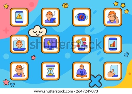 Digital fatigue set icon. Smartphone warning, falling asleep on screen, eye pain, rubbing face, laptop stress, night screen, mobile overload, bar graph app, headache, hourglass, tablet user, finger 