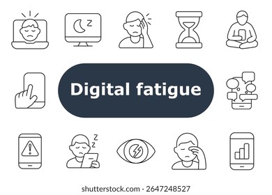 Digital fatigue set icon. Tired face, night screen, headache, time on screen, tablet use, alert notification, sleeplessness, eye strain, mobile apps, overload, chart stats, digital stress.