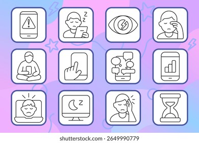 Digital fatigue set icon. Tired eyes, mobile alert, long screen time, headache, social overload, notifications, blue light, device use.