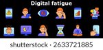 Digital fatigue set icon. Warning on phone, sleepy user, tired eyes, screen time, mobile overload, laptop stress, computer sleep, headache, time drain, phone addiction.