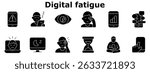 Digital fatigue set icon. Warning on phone, sleepy user, tired eyes, screen time, mobile overload, laptop stress, computer sleep, headache, time drain, phone addiction.