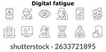 Digital fatigue set icon. Warning on phone, sleepy user, tired eyes, screen time, mobile overload, laptop stress, computer sleep, headache, time drain, phone addiction.