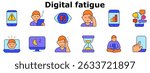 Digital fatigue set icon. Warning on phone, sleepy user, tired eyes, screen time, mobile overload, laptop stress, computer sleep, headache, time drain, phone addiction.