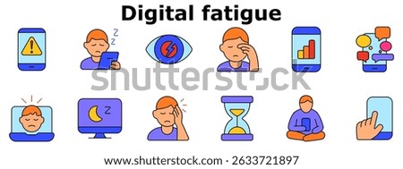 Digital fatigue set icon. Warning on phone, sleepy user, tired eyes, screen time, mobile overload, laptop stress, computer sleep, headache, time drain, phone addiction.