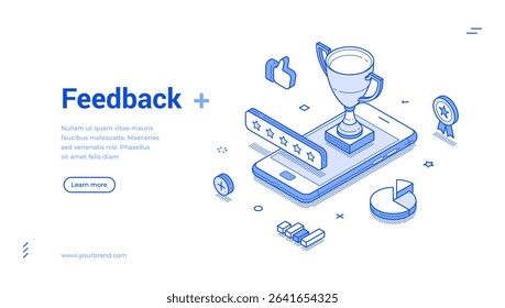 Digital feedback system featuring a trophy on a smartphone. It emphasizes user satisfaction through ratings and social interactions, showcasing modern vector art. Isometric line banner template