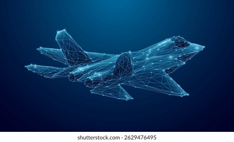 Caça digital. Avião militar digital em estilo tecnológico futurista. Holograma de caça a jato poligonal. Inovações da IA no setor dos transportes aéreos ou conceito de alta velocidade. Resumo da aeronave.