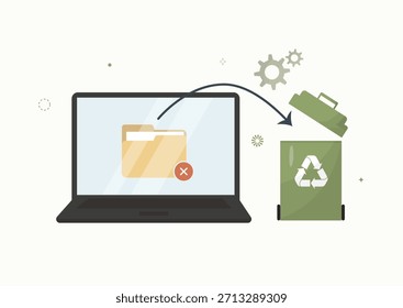 Digital file deletion to recycle bin. Flat digital cleanup concept with laptop folder icon dragged into green recycle bin, symbolizing deleting files and freeing storage space. Vector illustration