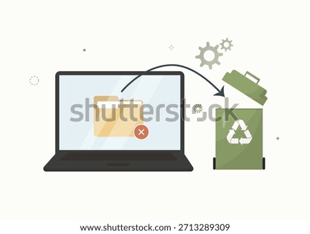 Digital file deletion to recycle bin. Flat digital cleanup concept with laptop folder icon dragged into green recycle bin, symbolizing deleting files and freeing storage space. Vector illustration