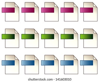 Digital File Format Icons. 15 blank symbols with copy space in magenta, green and blue. EPS8 compatible.