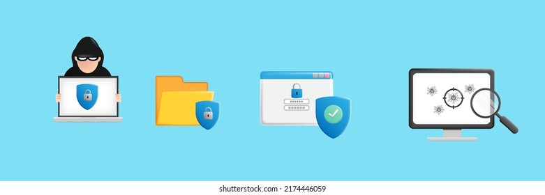 Digital file and personal device protection from hacker concept.3D cartoon vector design illustration