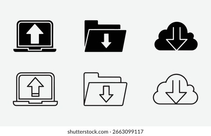 Digital File Transfer and Storage Icons Representing Upload Download and Cloud Data Concepts Icon Set of Line and Silhouette Vector on White Background.
