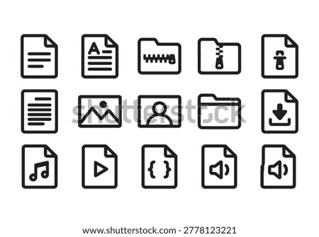 Digital file type icon set. Linear symbols for audio video image coding and compressed archive storage folders.