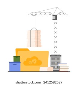 Digital files administration, online organization and storage on servers. Construction crane transfer stack of office paper documents to folder and box with archives cartoon vector illustration