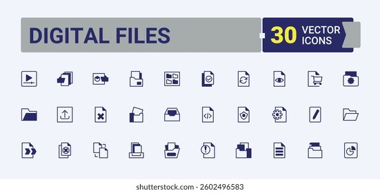 Digital Files icon set. Included paper, document, note, page, file, doc and more. Files vector icon set. Modern icons collection. Vector line and solid icons.