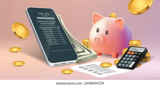 digital finance concept featuring a smartphone, piggy bank, calculator, and gold coins, emphasizing savings and budgeting. The background includes dollar bills and transaction receipts,