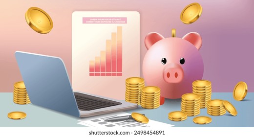 digital finance concept featuring a smartphone, piggy bank, calculator, and gold coins, emphasizing savings and budgeting. The background includes dollar bills and transaction receipts,