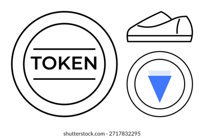 Finanzas digitales, criptomonedas, sistemas de tokens, blockchain, inversiones, marca. Token minimalista en blanco y negro con texto, gráfico triángulo azul y un icono de zapato. Criptomoneda y Blockchain