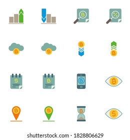 Colección de elementos de finanzas digitales, conjunto de iconos planos relacionados con el dinero, paquete de símbolos coloridos contiene - pin de ubicación de intercambio de dinero, criptodivisa de bitcoin, gráfico. Ilustración vectorial. Diseño de estilo plano