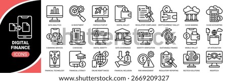 Digital finance icon set. Containing icon of data analytics, digital wallet, cryptocurrency wallet, mobile wallet app, fintech startup and more. Pixel perfect, Outline vector icons collection.