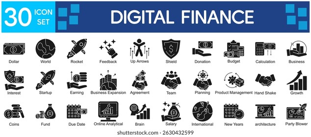 Digital Finance Icons Collection related to Finance, Digital, Money, Online, Banking, Investment, Technology, Economy, Business, Currency, Payment.