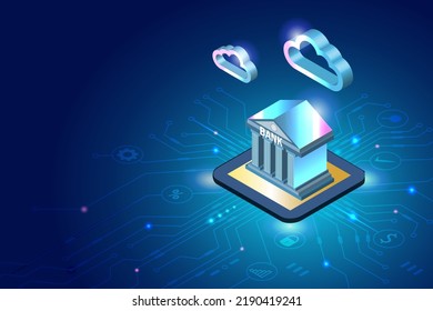 Digital Finance And Internet Banking Investment Service On Microchip With Cloud Computing In Futuristic Background. Bank Building With Online Payment, Secure Money And Financial Innovation Technology.