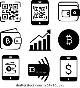 Digital Finance and Payment Icon Set – QR Code, Wallet, Crypto, Mobile Payment
