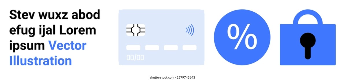 Digital finance theme featuring a credit card, a percentage symbol, and a padlock. Ideal for financial services, online transactions, secure payments, savings, and cybersecurity. Banner for landing