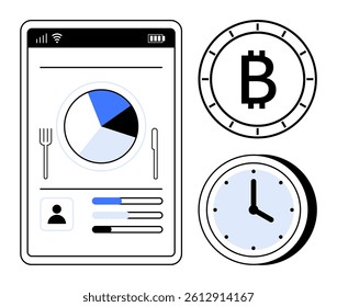 Digital finance tracking app on mobile with pie chart, Bitcoin symbol, clock. Ideal for finance, cryptocurrency, time management, investment planning, business, technology, personal budgeting. Line