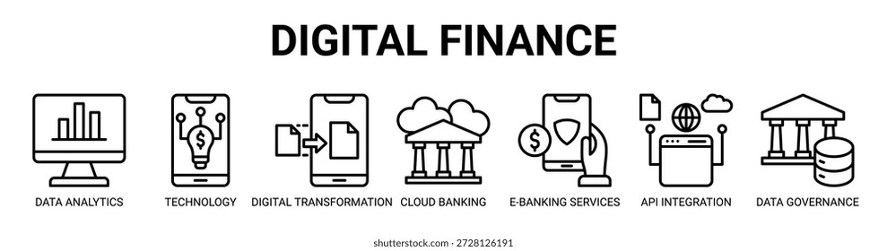 Digital Finance web banner icon vetor illustration concept with icon of data analytics, financial technology, digital transformation, cloud banking, e-banking services, api integration, and data governance (Conceito de ilustração vetorial do ícone de vetor de banner da Web do Digital Finance com ícone de análise de dados, tecnologia financeira, transformação digital, serviços bancários em nuvem, serviços de e-banking, integração de api e controle de dados).