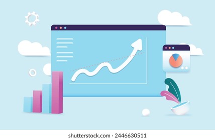 Gráficos de finanzas digitales - Pantalla del navegador con flecha ascendente y diagrama que muestra el crecimiento y las ganancias. Ilustración vectorial de diseño Abstractas semi plano con fondo azul