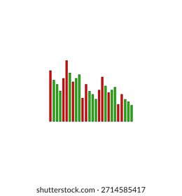 Digitaler Finanzbargraph mit abwechselnd roten und grünen Säulen unterschiedlicher Höhe. Stellt Handelsvolumen-, Marktvolatilitäts-, Gewinn- und Verluststatistiken auf einem klaren weißen Hintergrund dar.