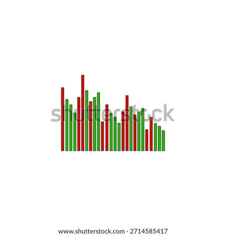 Digital financial bar graph featuring alternating red and green columns of varying heights. Represents trading volume, market volatility,  profit and loss statistics on a clean white Background.