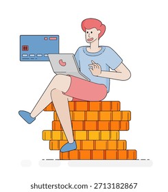 Ambiente financeiro digital mostrando laptops com acesso on-line a empréstimos, ferramentas de refinanciamento de crédito e pilhas de recursos financeiros. As ilustrações dos desenhos animados podem ser usadas para cartazes, sites, folhetos, banne