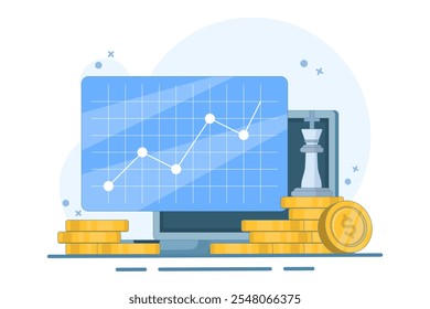 Digital financial growth concept, Online financial system management with chess king piece, tablet, gold coins on isolated background, digital marketing. Flat vector illustration on background.	
