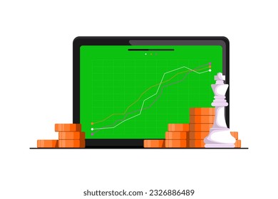 Digital financial growth concept, Financial system management online with chess king piece, tablet, gold coin on isolated background, Digital marketing illustration.