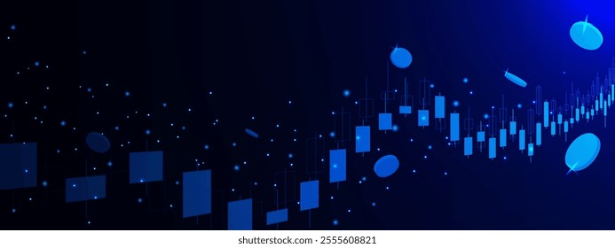 Digital financial report with candlestick chart graph and floating coins. Cryptocurrency, stock market and forex trading concept background. Vector illustration