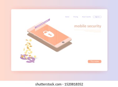 Digital financial services. Online payment protection system. Phone with the payment system. Graphic concept for your design