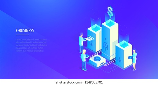 Digital financial system. People interact with the financial system. Profit analysis. Financial statistics. Modern vector illustration isometric style.