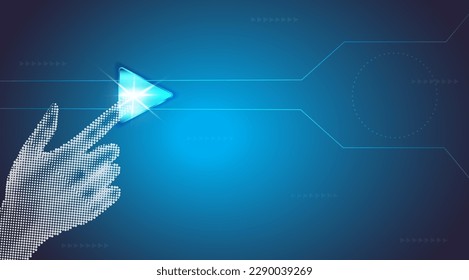 Digitaler Finger, der einen Knopf drückt oder berührt. Drücken Sie den Start.