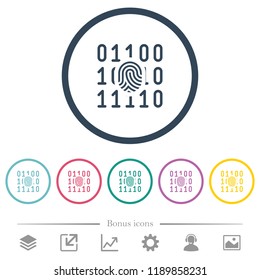 Digital fingerprint flat color icons in round outlines. 6 bonus icons included.