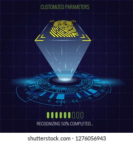 Digital fingerprint identification system with lighting and circle hud element. Vector illustration.