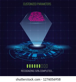 Digital fingerprint identification system with lighting and circle hud element. Vector illustration.