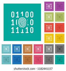 Digital fingerprint multi colored flat icons on plain square backgrounds. Included white and darker icon variations for hover or active effects.