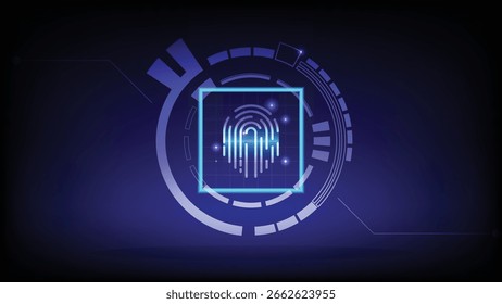 Un escaneo digital de huellas digitales con una interfaz futurista, que simboliza la seguridad biométrica, la autenticación de identidad y el control de acceso seguro en la era digital